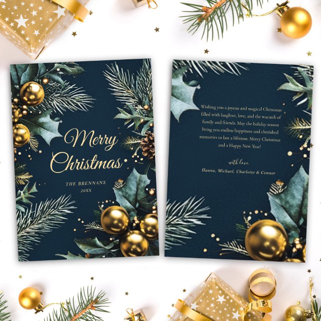 Tarjeta Festiva Navidades elegantes de Blue Gold (Blue Gold Festive Elegant Christmas Holiday Card)