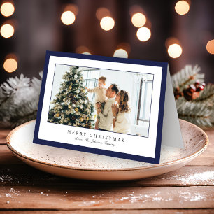 Tarjeta Festiva Navidades elegantes de foto de borde azul mínimo