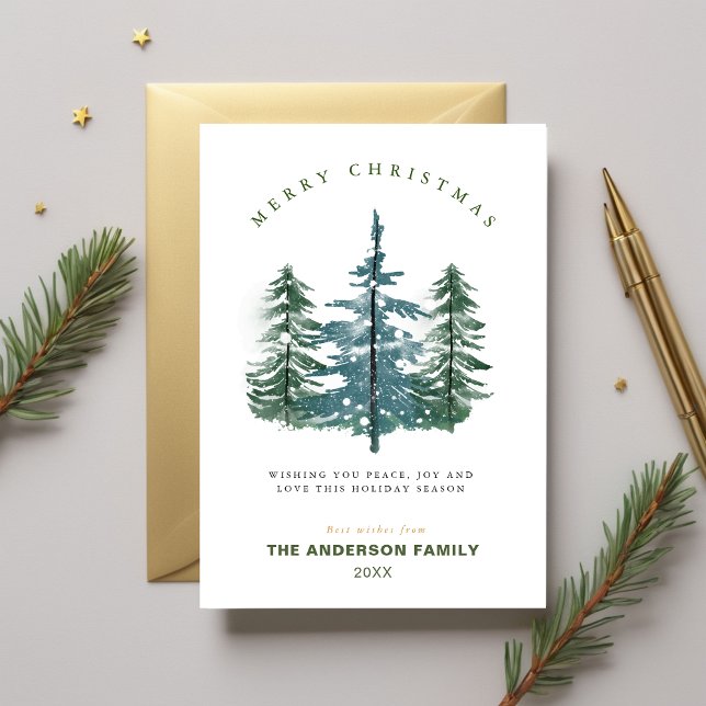 Tarjeta Festiva Navidades Elegantes de Pinos Forestales (Watercolor Elegant Forest Pine Tree Christmas Holiday Card)