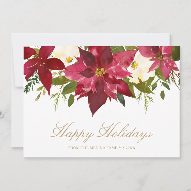 Tarjeta Festiva Navidades elegantes de Poinsettia Gold Happy Holid (Anverso)