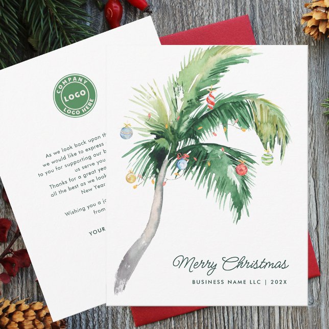 Tarjeta Festiva Navidades Elegantes del Palm Tree (Business Logo Decorated Palm Tree Christmas Company Greetings Card)