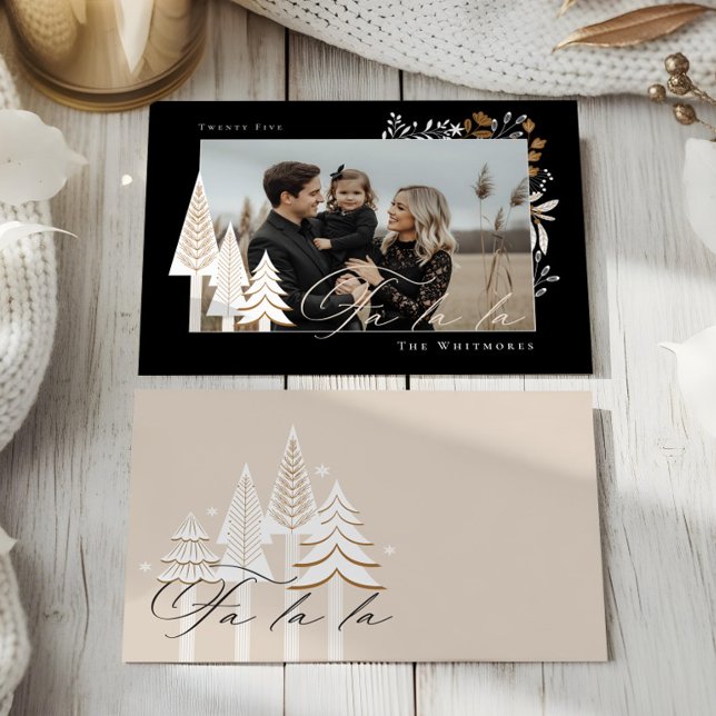 Tarjeta Festiva Navidades Elegantes Modernos Fa La Photo Evergreen (Elegant Modern Joy Photo Evergreen Christmas Tree Holiday Card)