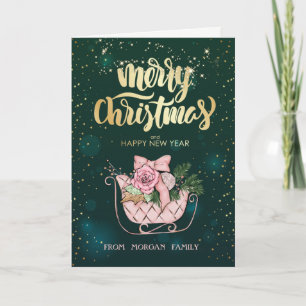Tarjeta Festiva Navidades elegantes Pink Sleigh Green