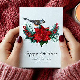Tarjeta Festiva Navidades Elegantes Poinsettia Bird No Photo