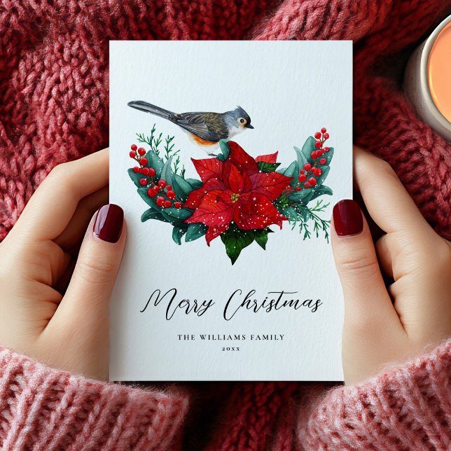 Tarjeta Festiva Navidades Elegantes Poinsettia Bird No Photo (Elegant Christmas Poinsettia Bird Holiday Card)