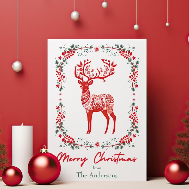 Tarjeta Festiva Navidades elegantes renos escandinavos rojos (Subido por el creador)