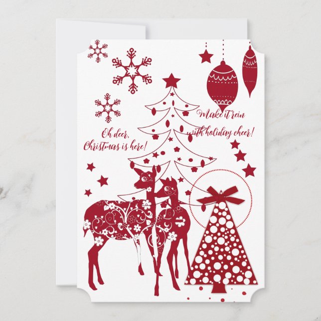 Tarjeta Festiva Navidades elegantes renos rojos copos de nieve bla (Anverso)