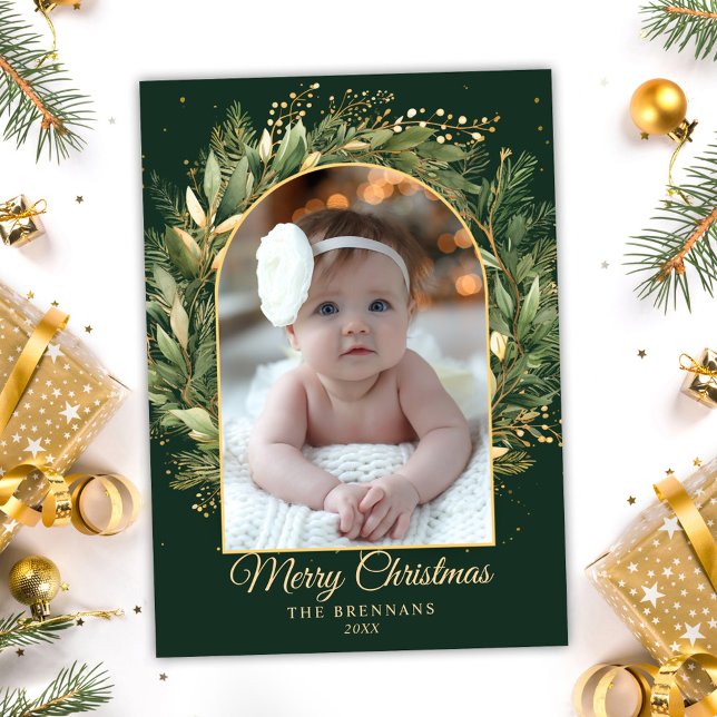 Tarjeta Festiva Navidades Elegantes Verdes 1 Foto Botánica Moderna (Green Elegant Christmas 1 Photo Botanical Modern Holiday Card)