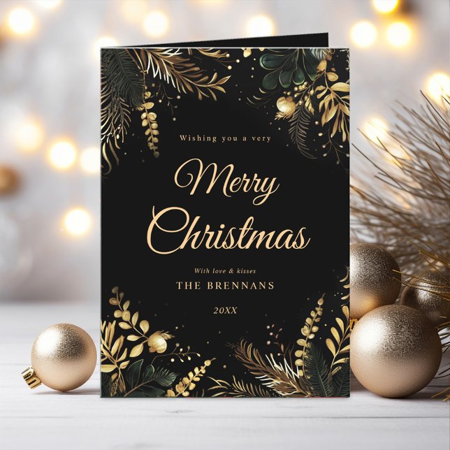 Tarjeta Festiva Navidades elegantes y modernos de la verde del oro (Black Gold Greenery Modern Elegant Christmas Holiday Card)