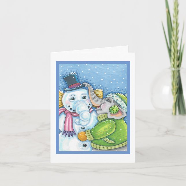 TARJETA FESTIVA NAVIDADES ELEPHANT BUILDING CUTE PACHYDERM SNOWMAN (Anverso)
