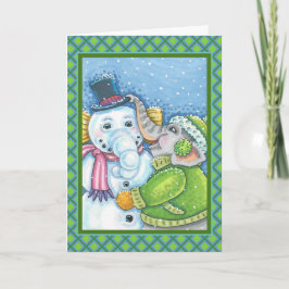 TARJETA FESTIVA NAVIDADES ELEPHANT BUILDING CUTE PACHYDERM SNOWMAN