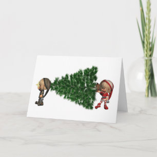 Tarjeta Festiva Navidades Elves - trae el árbol