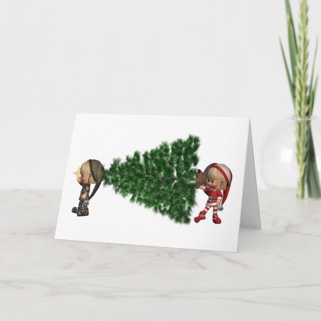 Tarjeta Festiva Navidades Elves - trae el árbol (Anverso)