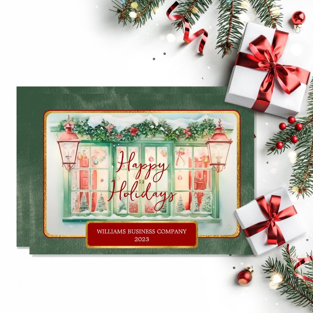 Tarjeta Festiva Navidades empresariales Holly | Festividades felic (Nostalgic style "Happy Holidays" holly and berries in window business Christmas holiday card.)