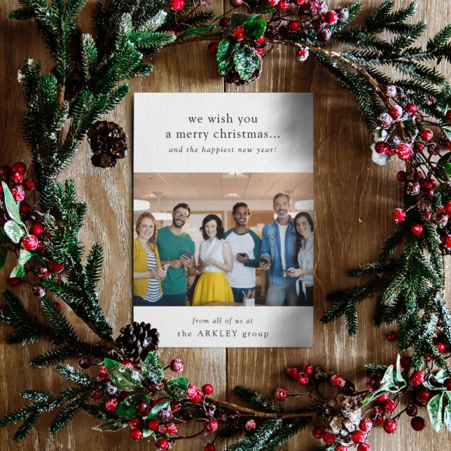Tarjeta Festiva Navidades empresariales | Minimal Team Photo Corpo (Business Christmas holiday card by Guava, featuring minimalist white design & your team photo)