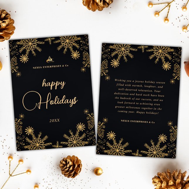 Tarjeta Festiva Navidades Empresariales Modernos Negros Y Oro (Corporate Christmas Modern Business Black And Gold Holiday Card)