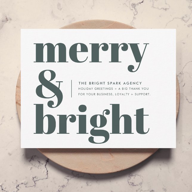 Tarjeta Festiva Navidades empresariales | Verde de los cerezos y l (Business Christmas holiday card by Guava, featuring bold “Merry & Bright” typography in forest green)