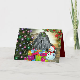 Tarjeta Festiva Navidades en el granero Frosty, el hombre de nieve