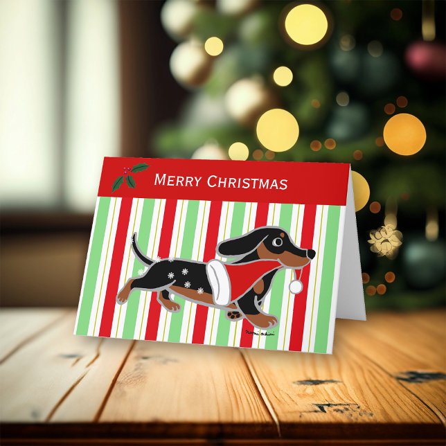 Tarjeta Festiva Navidades en funcionamiento de Black and Tan Dachs (Black and Tan Dachshund Running Design Christmas Cards for Dachshund Owners.  Cute Cartoon Design.)