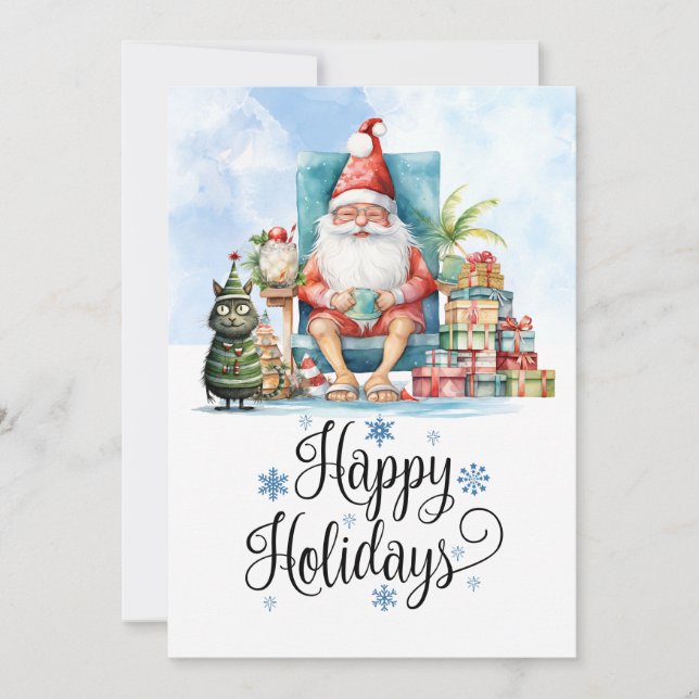 Tarjeta Festiva Navidades en julio con SANTA CLAUS en la playa (Anverso)