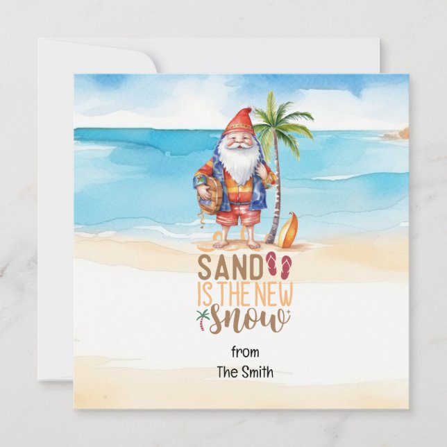 Tarjeta Festiva Navidades en julio con SANTA CLAUS en la playa (Anverso)