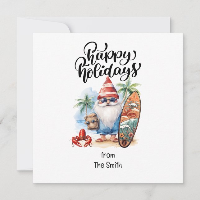 Tarjeta Festiva Navidades en julio con SANTA CLAUS en la playa (Anverso)