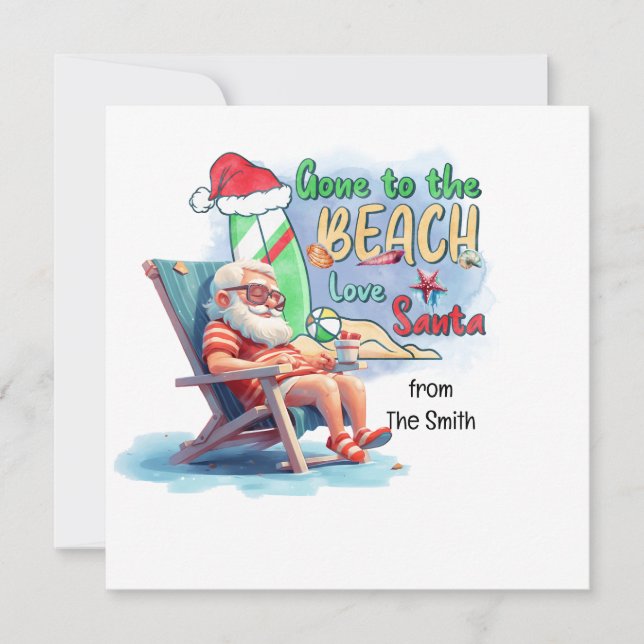 Tarjeta Festiva Navidades en julio con SANTA CLAUS en la playa (Anverso)
