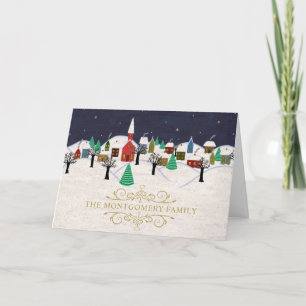 Tarjeta Festiva Navidades en la aldea nocturna silenciosa Monogram