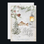 Tarjeta Festiva Navidades en la cabina Air Winter Forest Trees<br><div class="desc">Un bosque de invierno nevado con árboles y hojas y bayas heladas con el cálido resplandor de un farol y Navidades de tipografía de escritura está en el aire con un efecto brillo plateado. Personaliza fácilmente tu nombre en la parte delantera y tu saludo y nombres al revés.</div>