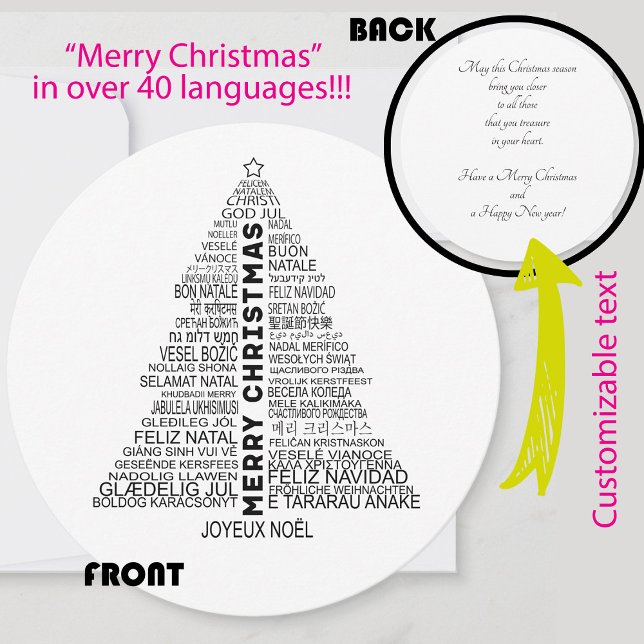 Tarjeta Festiva navidades 🎄 en muchos idiomas (Merry Christmas wishes in 40+ languages, unique round Christmas card for everyone. Custom text)