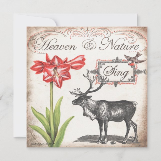 Tarjeta Festiva Navidades encantadores con reno, amaryllis y ave (Anverso)