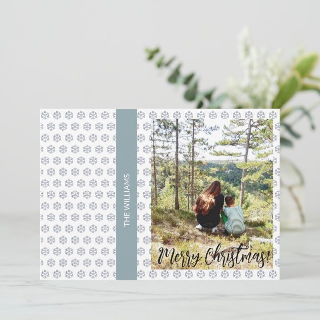 Tarjeta Festiva Navidades enmarcados con foto familiar azul blanco (Anverso de pie)