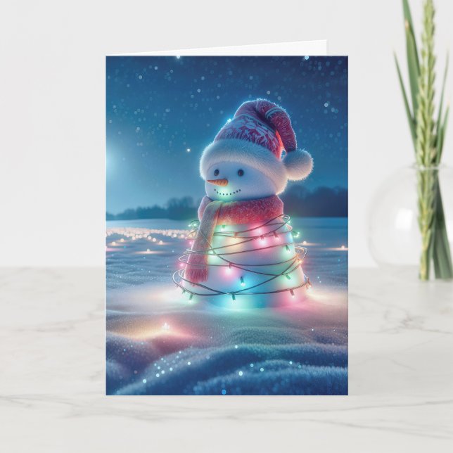 Tarjeta Festiva Navidades enredados iluminan a hombre de nieve (Anverso)