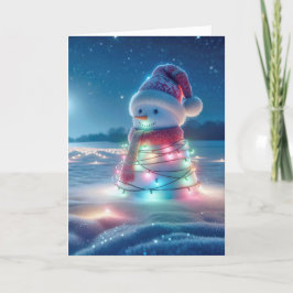 Tarjeta Festiva Navidades enredados iluminan a hombre de nieve