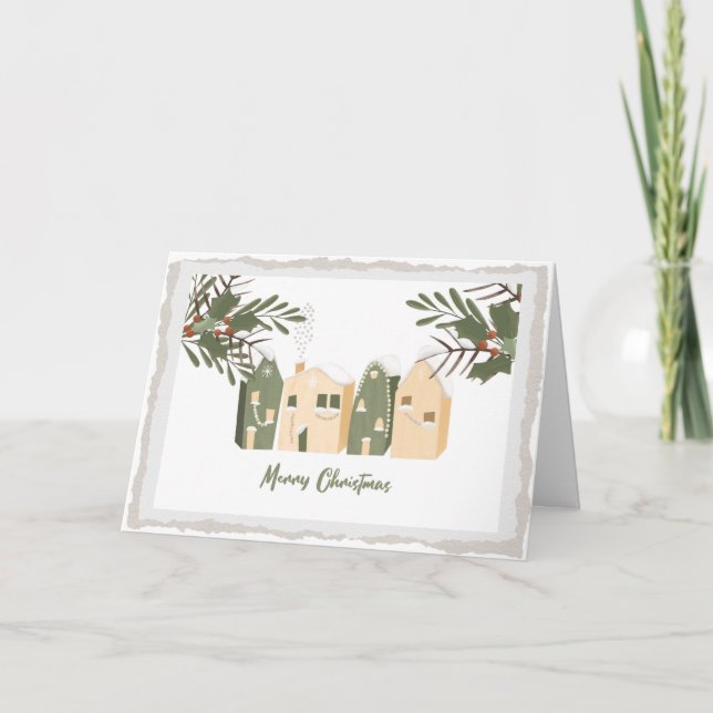 Tarjeta Festiva Navidades escandinavos Casas nórdicas de invierno (Anverso)