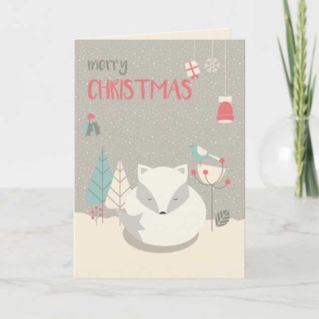 Tarjeta Festiva Navidades Escandinavos Folk Art White Fox (Anverso)