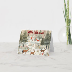 Tarjeta Festiva Navidades Escenario forestal nórdico con reno.