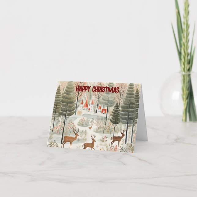 Tarjeta Festiva Navidades Escenario forestal nórdico con reno. (Anverso)