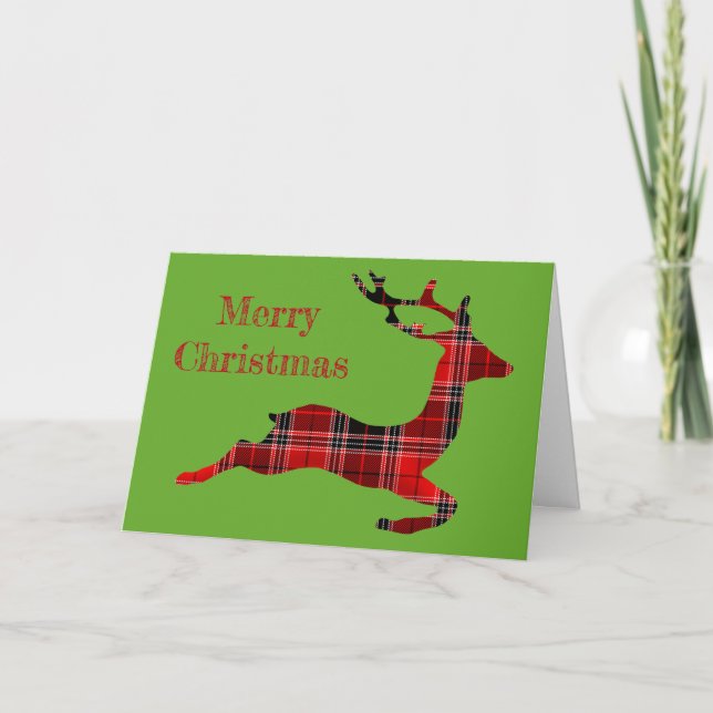 Tarjeta Festiva Navidades escoceses de reno de Tartán Rojo (Anverso)