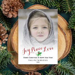 Tarjeta Festiva Navidades Escribir Joy Peace Love Holly Photo