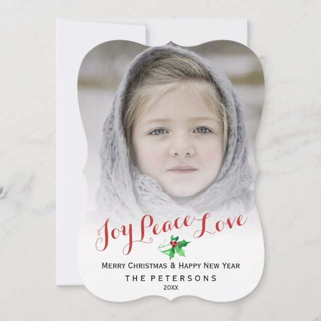 Tarjeta Festiva Navidades Escribir Joy Peace Love Holly Photo (Anverso)