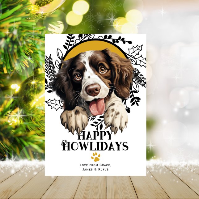 Tarjeta Festiva Navidades españoles de Happy Howlidays English Spr (Happy Howlidays English Springer Spaniel Christmas Holiday Card by Ricaso. Printed or digital )