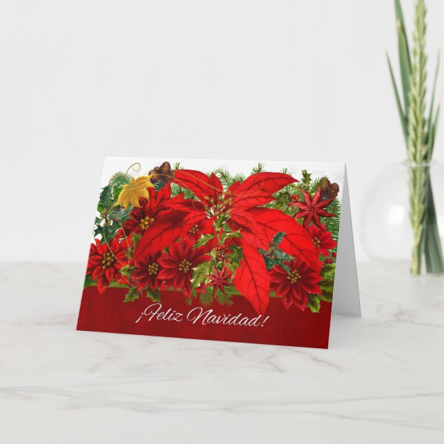 Tarjeta Festiva Navidades españoles Poinsettias ¡Feliz Navidad! (Anverso)