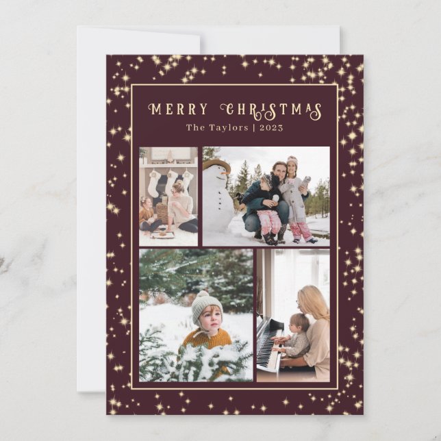 Tarjeta Festiva Navidades esparcen Burgundy Classic Multi Photo (Anverso)