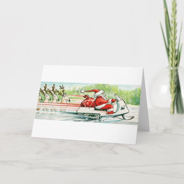 Tarjeta Festiva Navidades esquiando esquí Santa Snowmobile (Anverso)