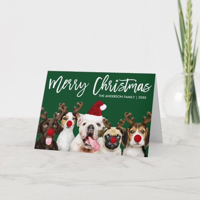Tarjeta Festiva Navidades Estrella de Bruselas Perros Verde Doblad (Anverso)
