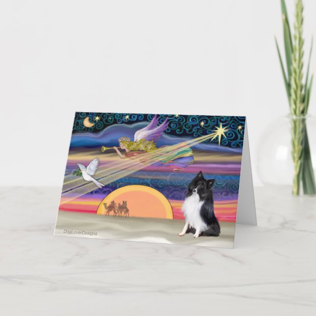 Tarjeta Festiva Navidades Estrella-Sheepdog de Shetland (binegro) (Anverso)