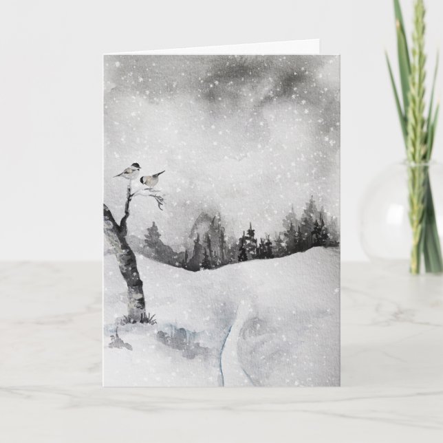 Tarjeta Festiva Navidades etéreos y nevados Aves de Invierno (Anverso)