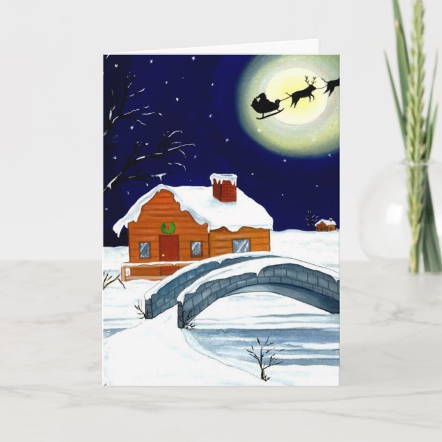 Tarjeta Festiva Navidades Eve Moon Log Cabin Santa Sleigh Reindeer (Anverso)