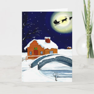 Tarjeta Festiva Navidades Eve Moon Log Cabin Santa Sleigh Reindeer